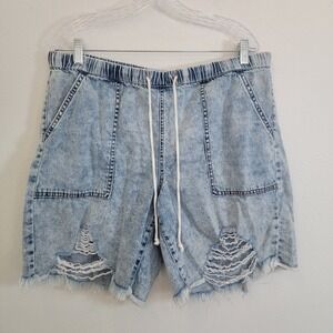 Project Indigo Women XL Blue Cotton Distressed Cut-Off Pull-On Drawstring Shorts